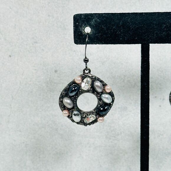 Chicos Earrings Faux Pearl Crystal Cabochons Gray Dangle 1" Pierced Ear Jewelry - Picture 3 of 9